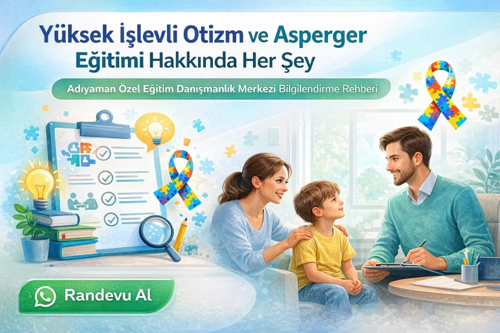Yüksek işlevli otizmli çocuğun özel eğitim uzmanıyla sosyal beceri çalışması yaptığı danışmanlık merkezi illüstrasyonu